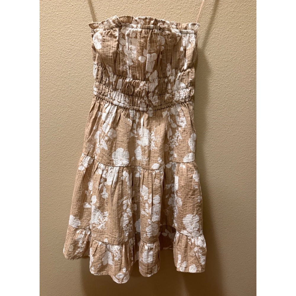 Aeropostale Floral Smocked Strapless Tiered Mini Dress Tan White Small